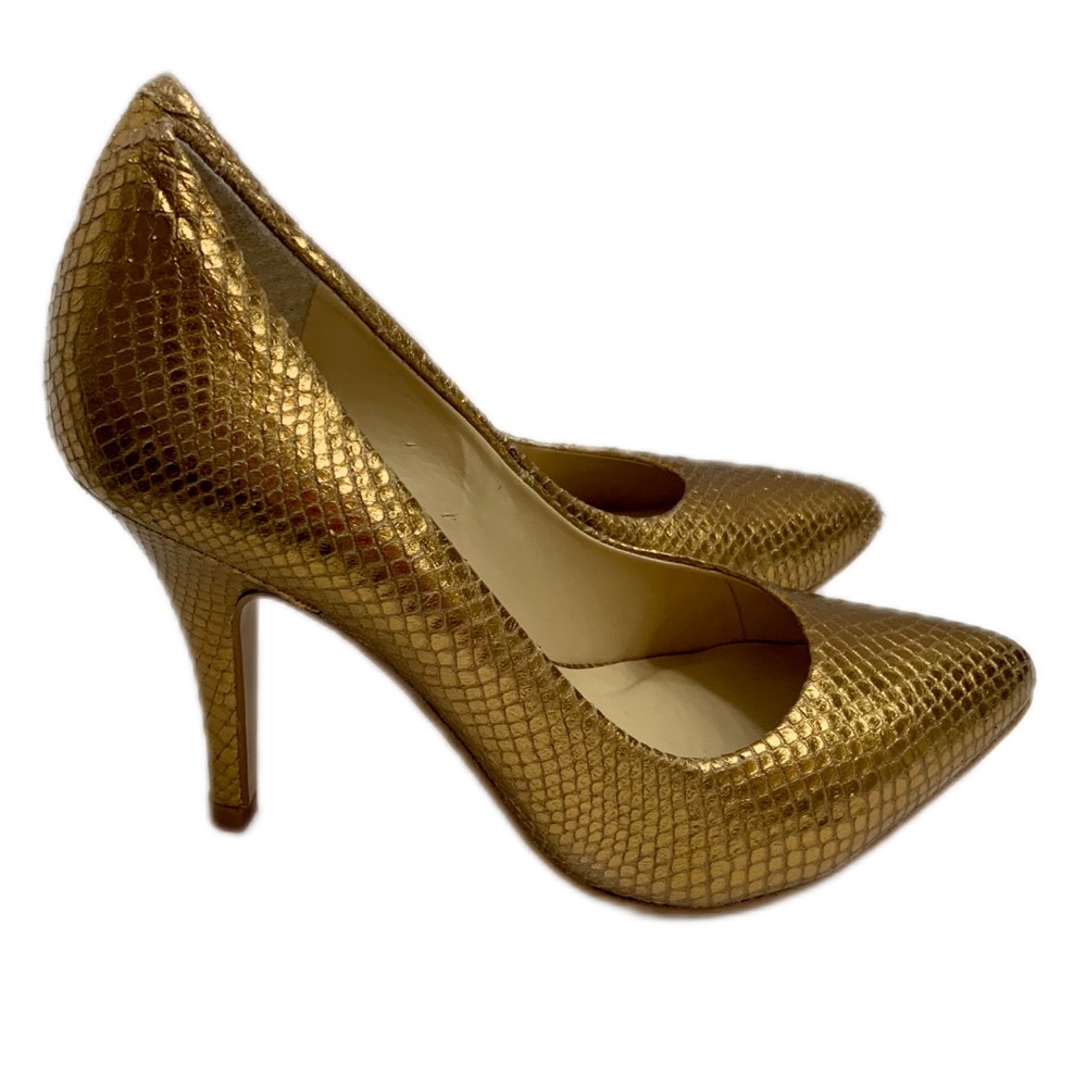 Brigitte Bailey Gold Pumps Sz 6.5 pointed Toe Metallic Stiletto High Heel Shoes